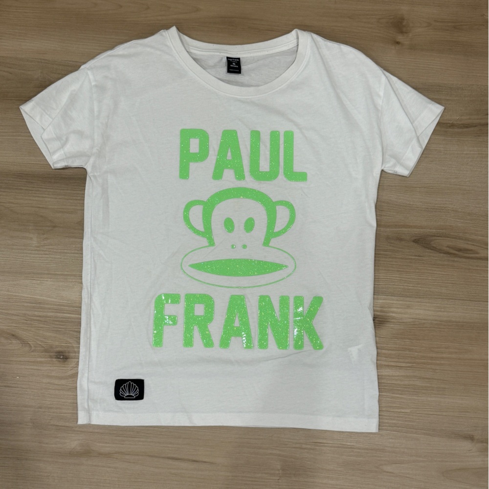 Ladies Small Paul Frank White Tshirt with Green Fluorescent lettering